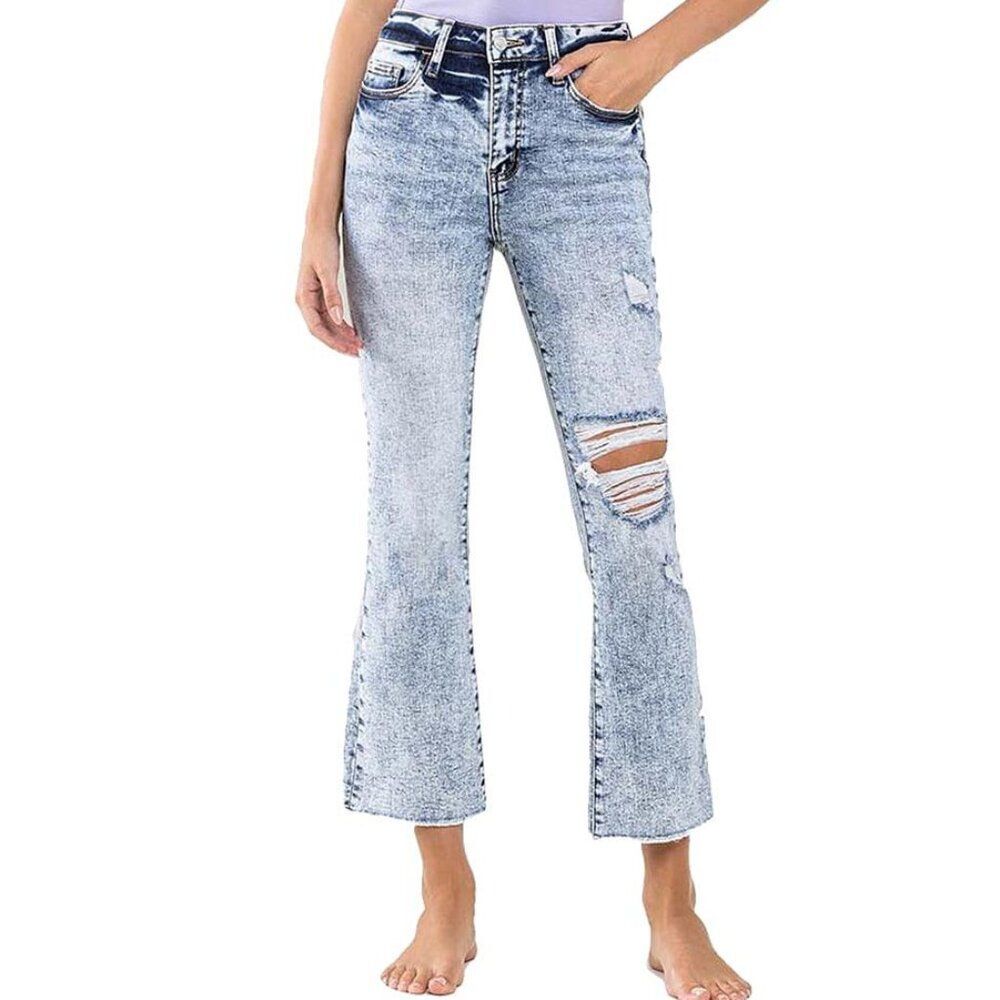 Vervet Bella High Rise Cropped Flare Light Wash Blue Distressed Crop Size 29